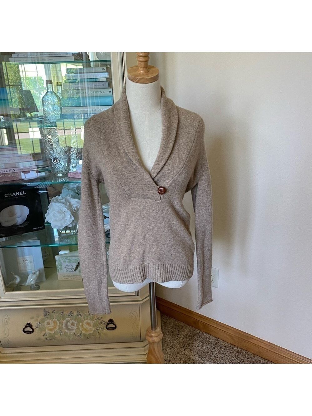 J. Crew Tan Sweater Shawl Collar w/ Leather Front Button Size S Wool Cashmere